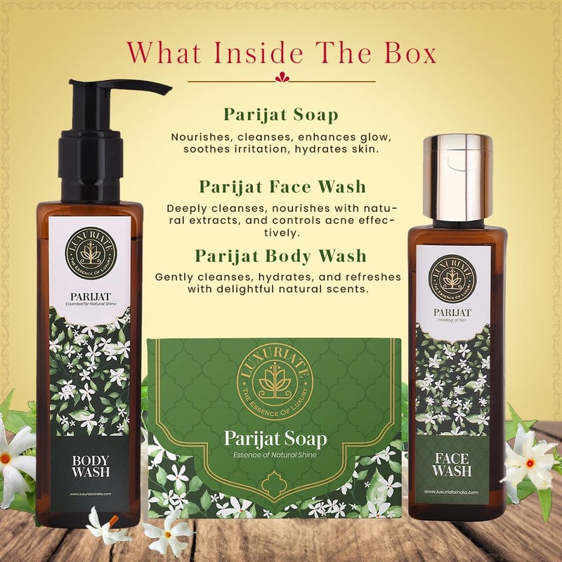 LUXURIATE Parijat Body Care Gift Set Box 3PC - Soap, Body Wash, Face Wash Gift for Sister | Gift for Diwali | Gift for Wedding | Gift for Women - Image 2