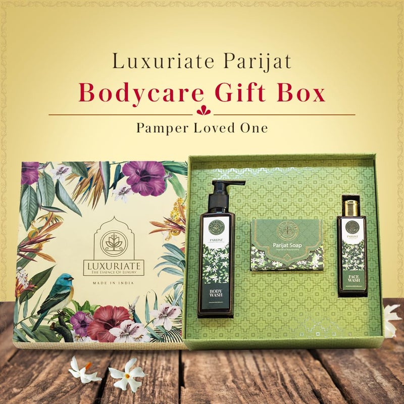 LUXURIATE Parijat Body Care Gift Set Box 3PC - Soap, Body Wash, Face Wash Gift for Sister | Gift for Diwali | Gift for Wedding | Gift for Women - Image 4