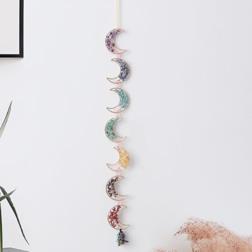 Dreamocean 7 Chakra Healing Crystals Hanging Ornament，Handmade Tree of Life Chakra Stones Moon Natrual Gemstones Wall Hanging Ornaments for Home Decor Yoga Meditation(7 Moon Crystal Tree) - Image 1