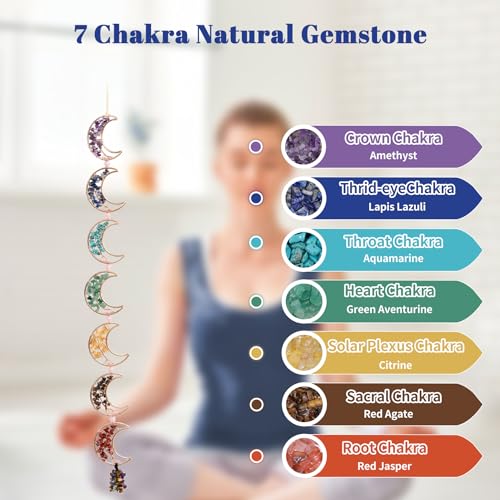 Dreamocean 7 Chakra Healing Crystals Hanging Ornament，Handmade Tree of Life Chakra Stones Moon Natrual Gemstones Wall Hanging Ornaments for Home Decor Yoga Meditation(7 Moon Crystal Tree) - Image 2