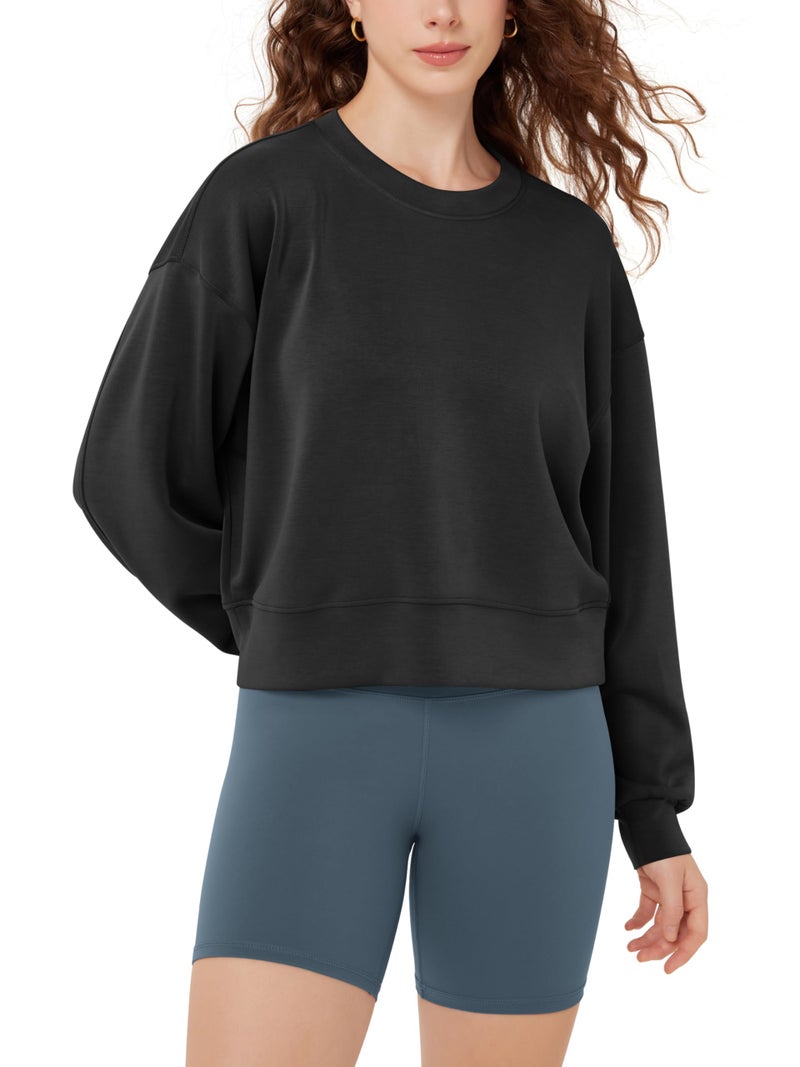 ODODOS Modal Soft Long Sleeve Cropped Sweatshirts for Women Oversized Crew Neck Pullover Crop Top, Black, Medium - Image 1