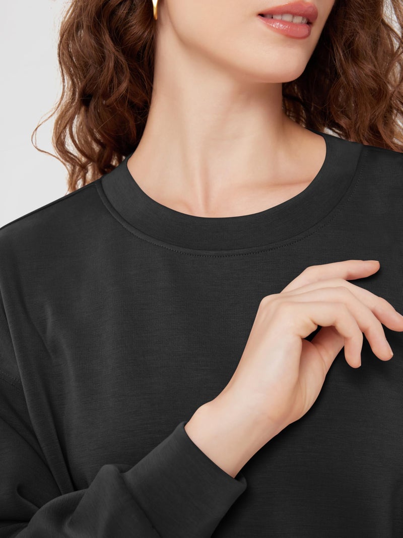 ODODOS Modal Soft Long Sleeve Cropped Sweatshirts for Women Oversized Crew Neck Pullover Crop Top, Black, Medium - Image 5