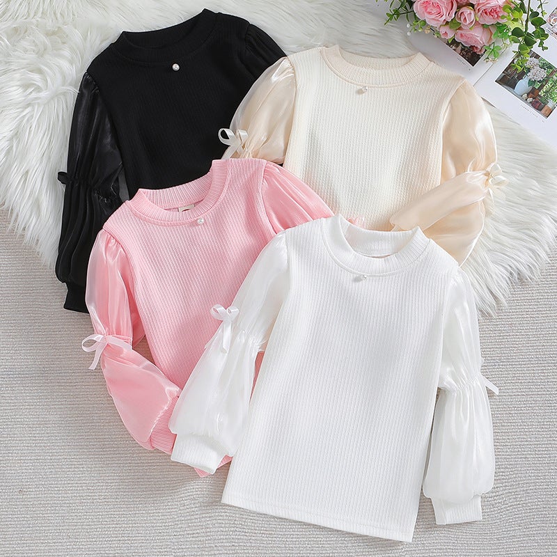 Girls' Bubble Sleeve Base Shirt Spring New Arrival Shirt With Vessel Sleeve Top New Arrival Western Style Girl Princess Cotton Long Sleeve T-Shirt - Image 2