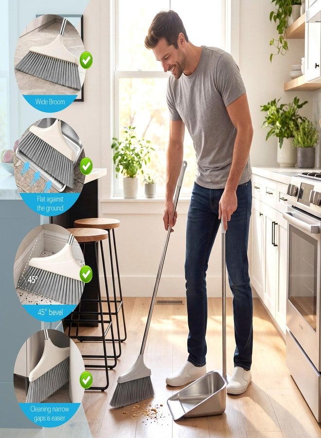 Singhoow 2 Pack Stainless Steel Broom and Dustpan Set Heavy Duty, Long Handle Dustpan with Upright Stand, Angled Bristles for Indoor and Outdoor Home Kitchen Floor Cleaning - Image 4