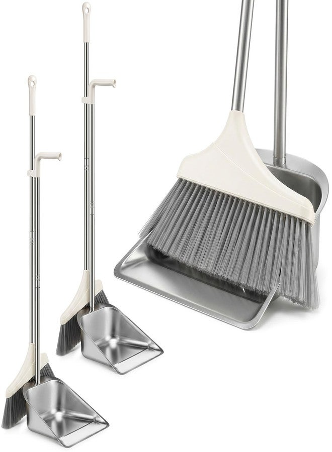 Singhoow 2 Pack Stainless Steel Broom and Dustpan Set Heavy Duty, Long Handle Dustpan with Upright Stand, Angled Bristles for Indoor and Outdoor Home Kitchen Floor Cleaning - Image 1
