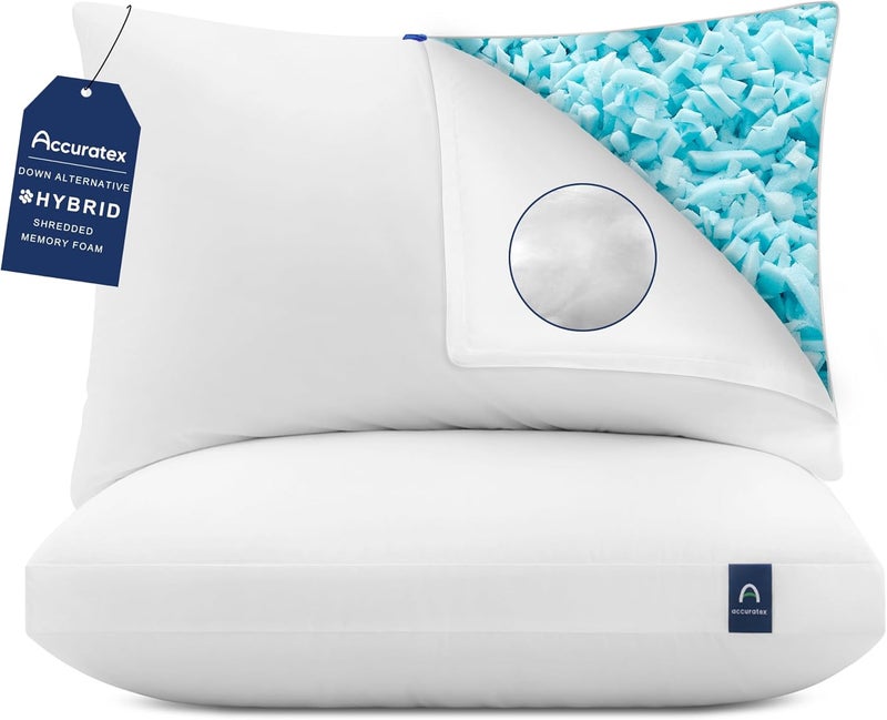 ACCURATEX Pillows 50 x 70 cm Set of 2, Adjustable Shredded Memory Foam, Down Alternative Filling, Removable Cotton Cover – Firm Support for Side and Back Sleeping - Image 1