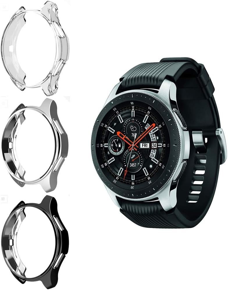 سومان Suoman 3-Pack for Samsung Galaxy Watch 46mm Case, Soft Plated TPU Protective Bumper Cover Case for Galaxy Watch 46mm (2018), (Not Fit for 46mm 2021), Black+Silver+Clear - Image 1