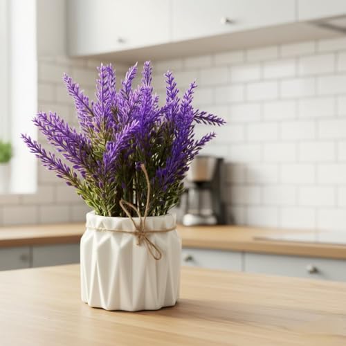 Dekorly Artificial Lavender Plant in White Pot, 18cm – Realistic Faux Flower Arrangement for Home & Office Décor (Set of 1) (1, White Color Pot) - Image 4