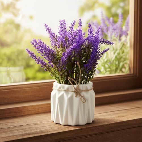 Dekorly Artificial Lavender Plant in White Pot, 18cm – Realistic Faux Flower Arrangement for Home & Office Décor (Set of 1) (1, White Color Pot) - Image 2