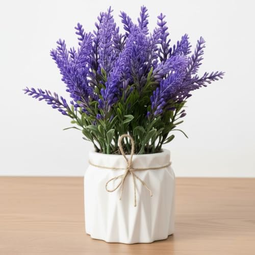 Dekorly Artificial Lavender Plant in White Pot, 18cm – Realistic Faux Flower Arrangement for Home & Office Décor (Set of 1) (1, White Color Pot) - Image 1