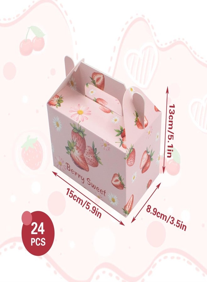 SnowTing 24 Pcs Strawberry Party Favor Box, "Berry Sweet" Cute Summer Strawberry Pattern Folding Paper Treat Box with Handle for Birthday Berry Theme Party Decor Goodie Gifts Bags (5.9 x 3.5 x 5.3 Inch - Image 2
