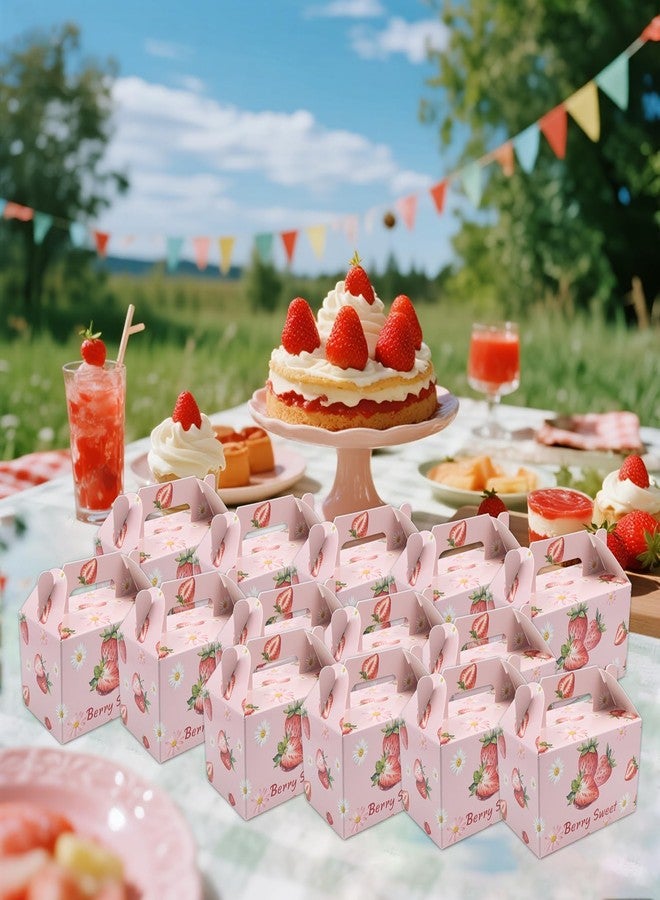 SnowTing 24 Pcs Strawberry Party Favor Box, "Berry Sweet" Cute Summer Strawberry Pattern Folding Paper Treat Box with Handle for Birthday Berry Theme Party Decor Goodie Gifts Bags (5.9 x 3.5 x 5.3 Inch - Image 5
