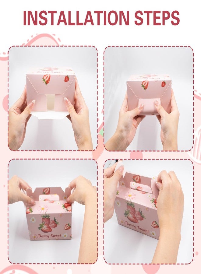 SnowTing 24 Pcs Strawberry Party Favor Box, "Berry Sweet" Cute Summer Strawberry Pattern Folding Paper Treat Box with Handle for Birthday Berry Theme Party Decor Goodie Gifts Bags (5.9 x 3.5 x 5.3 Inch - Image 3