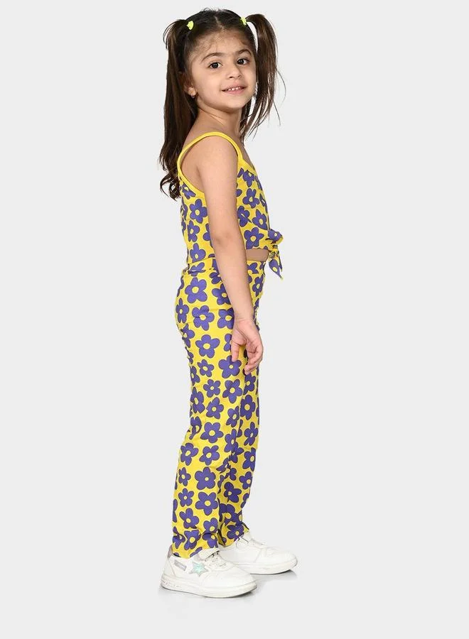 Bonkids Regular Fit Printed Yellow Purple Cotton Sets For Girls Round Neck Flat Collar Pull On 100 % Cotton