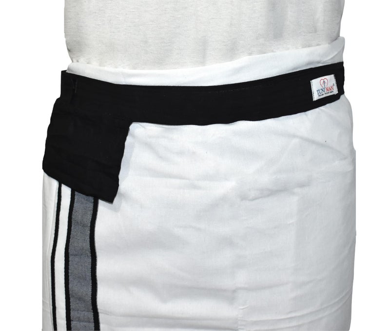 TUNI MANI Men's Cotton Apparel/Dhoti Belt with Welcro Sticker with Pocket/Pouch, 1.4meter x 1.5inches (Pack of 2) (black & white) - Image 3