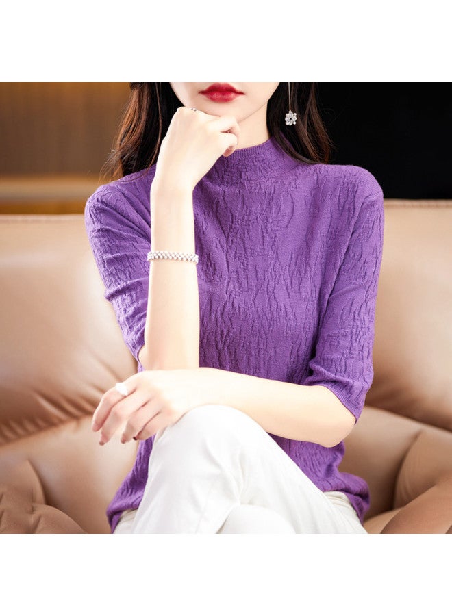 MIIOW High-End Textured Stand Collar Lightweight Women'S Mid-Sleeve Top T-Shirt Elegant Socialite Knitted Base Layer - Image 5