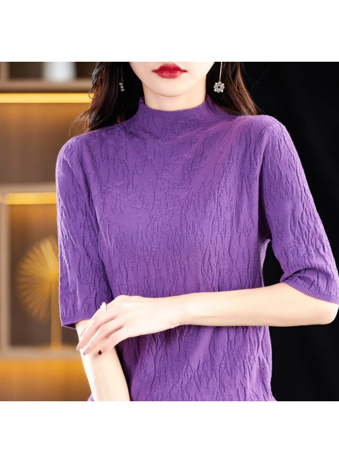 MIIOW High-End Textured Stand Collar Lightweight Women'S Mid-Sleeve Top T-Shirt Elegant Socialite Knitted Base Layer - Image 3