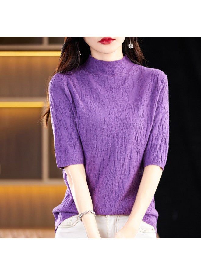 MIIOW High-End Textured Stand Collar Lightweight Women'S Mid-Sleeve Top T-Shirt Elegant Socialite Knitted Base Layer - Image 4