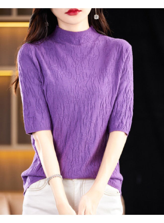 MIIOW High-End Textured Stand Collar Lightweight Women'S Mid-Sleeve Top T-Shirt Elegant Socialite Knitted Base Layer - Image 1