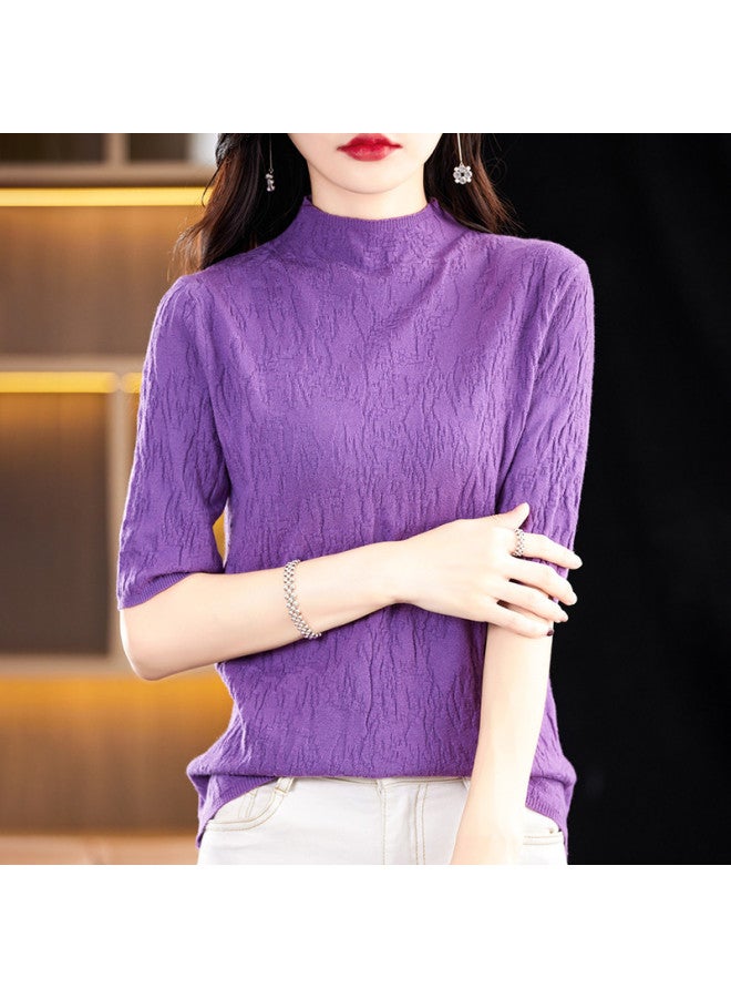 MIIOW High-End Textured Stand Collar Lightweight Women'S Mid-Sleeve Top T-Shirt Elegant Socialite Knitted Base Layer - Image 2