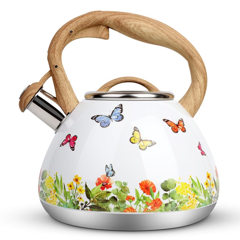 toptier Tea Kettle, Toptier Teapot Whistling Kettle with Wood Pattern Handle Loud Whistle, Food Grade Stainless Steel Tea Pot for Stovetops Induction Water Kettle, 2.7-Quart Butterfly - Image 1