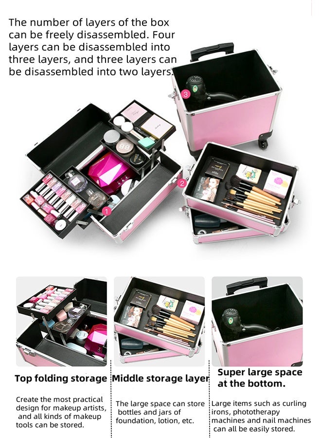3-Tier Professional Makeup Box, Makeup Artist's Makeup Case, Rollers, Handles And Pull Rods, Large-Capacity Portable Cosmetic Train Case, Travel And Outdoor Cosmetic Case - Image 4