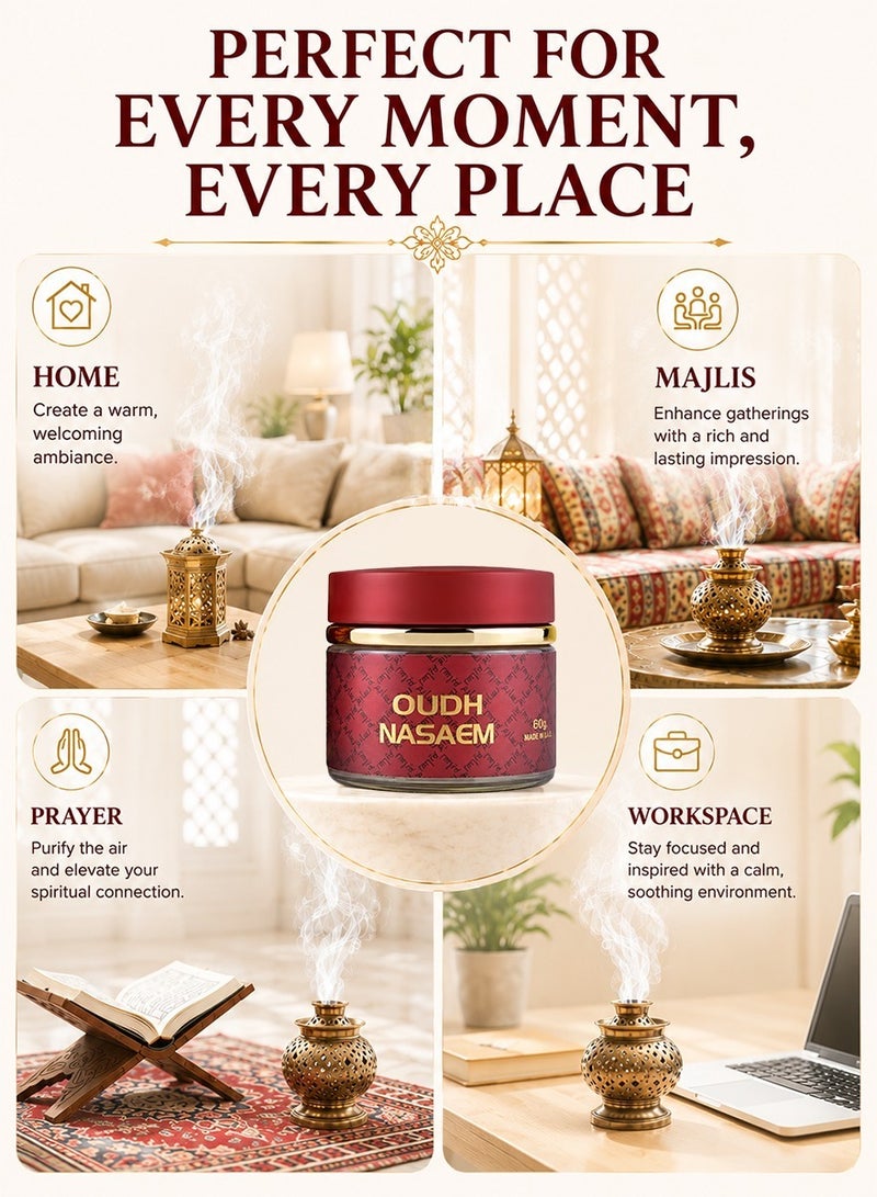 Nabeel Nasaem Oudh Premium Bakhoor Incense 60 GM Long-Lasting Arabic Oud Fragrance for Home Majlis and Spiritual Ambience - Image 3