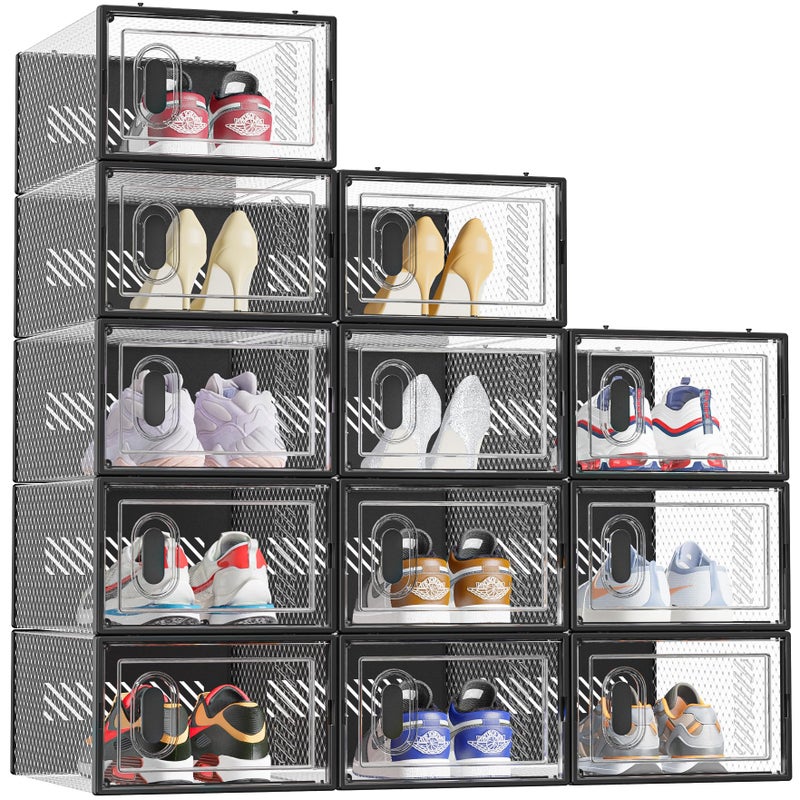 SIMPDIY Shoe Storage 12 Pack Shoe Organizer for Closet Shoe Boxes Clear Plastic Stackable Shoe Containers with Lids for Size 10 Black
