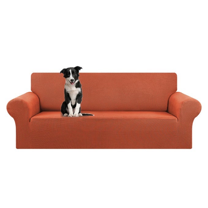 STRETCH OVERSIZED SOFA SLIPCOVER 1 PIECE COUCH SOFA COVER 94110 FURNITURE PROTECTOR 4 SEATER SOFA WITH ELASTIC BOTTOM FOR KIDSPETJACQUARD CHECKED PATTERN FABRICX LARGEPUREED PUMPKIN