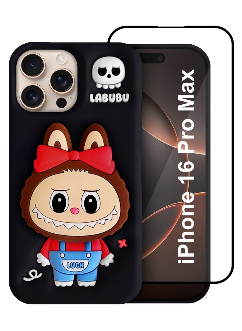 2Packs Case Cover Soft Silicone for Apple iPhone 16 Pro Max Labubu Elegant Protection and Quad-Camera Precision Cutout - Black