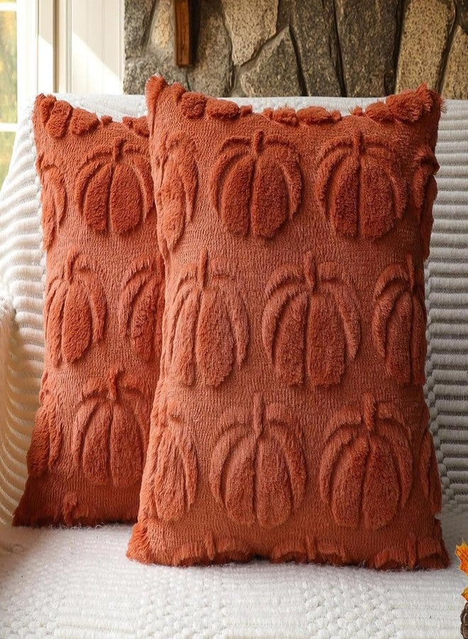 4TH Emotion Fall Pumpkin Decorative Pillow Covers 18x18 Set of 2, Rust Red Soft Plush Faux Fur Farmhouse Throw Cushion Cases for Autumn Thanksgiving Holiday Home Decorations - Image 1
