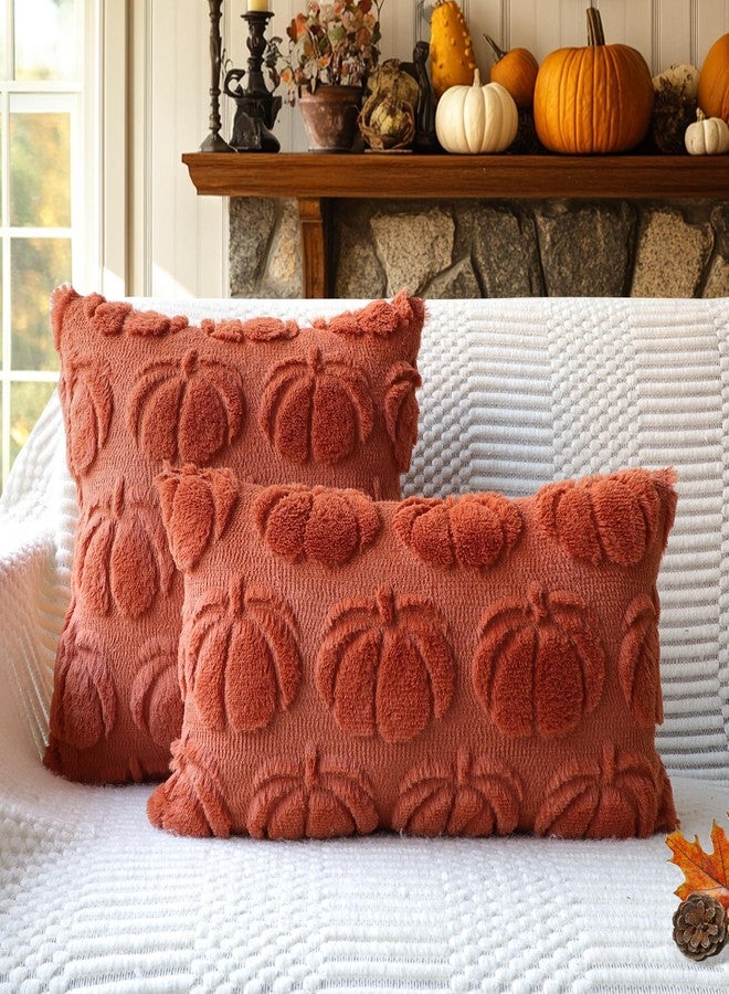 4TH Emotion Fall Pumpkin Decorative Pillow Covers 18x18 Set of 2, Rust Red Soft Plush Faux Fur Farmhouse Throw Cushion Cases for Autumn Thanksgiving Holiday Home Decorations - Image 4