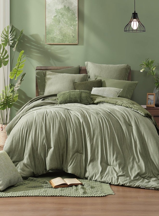Monbix Twin XL Comforter Set Sage Green, Cationic Dyeing Bedding Set Reversible 5 Pieces, All Season Bed in a Bag with Comforter, Sheets, Pillowcase & Sham - Image 1
