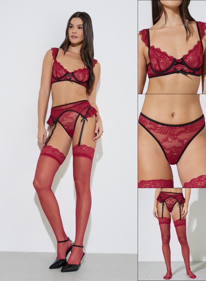 Styli Pack Of 3 - Contrast Edge Non Padded Wired Balconette Bra, Brief And Garter With Stockings Attached Set - Image 1