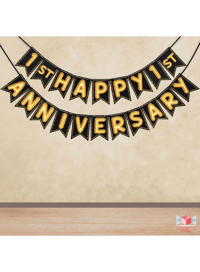 Wobbox Happy Anniversary Bunting Banner Black & Star Golden Balloon Font 1st Year with Happy Anniversary Party Props & Golden Colour Foil Fringe, Happy Anniversary Decoration Item - Image 4