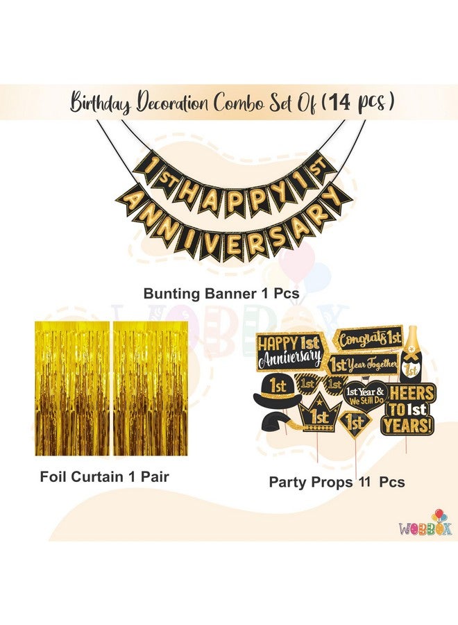 Wobbox Happy Anniversary Bunting Banner Black & Star Golden Balloon Font 1st Year with Happy Anniversary Party Props & Golden Colour Foil Fringe, Happy Anniversary Decoration Item - Image 2