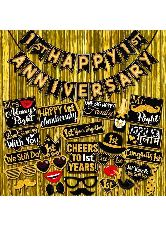 Wobbox Happy Anniversary Bunting Banner Black & Star Golden Balloon Font 1st Year with Happy Anniversary Party Props & Golden Colour Foil Fringe, Happy Anniversary Decoration Item - Image 1