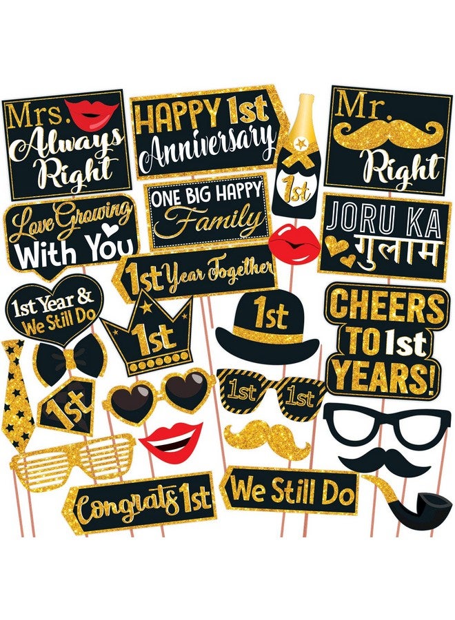 Wobbox Happy Anniversary Bunting Banner Black & Star Golden Balloon Font 1st Year with Happy Anniversary Party Props & Golden Colour Foil Fringe, Happy Anniversary Decoration Item - Image 5