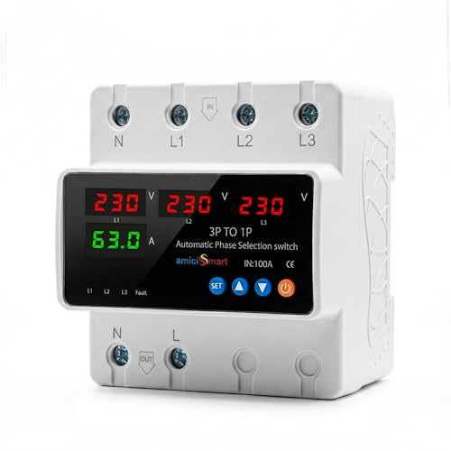 amiciSmart Intelligent 3 Phase to 1 Phase Selector/Changeover Switch with Over/Under Voltage Protection and Over Load Protection 230VAC,100A, Multicolor - Image 1