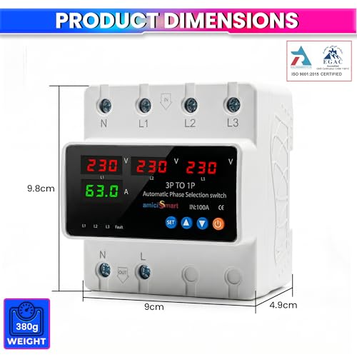 amiciSmart Intelligent 3 Phase to 1 Phase Selector/Changeover Switch with Over/Under Voltage Protection and Over Load Protection 230VAC,100A, Multicolor - Image 2