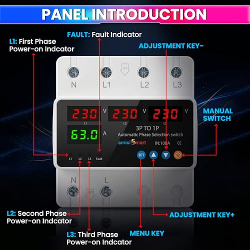 amiciSmart Intelligent 3 Phase to 1 Phase Selector/Changeover Switch with Over/Under Voltage Protection and Over Load Protection 230VAC,100A, Multicolor - Image 4