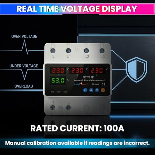 amiciSmart Intelligent 3 Phase to 1 Phase Selector/Changeover Switch with Over/Under Voltage Protection and Over Load Protection 230VAC,100A, Multicolor - Image 5