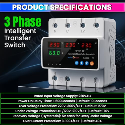 amiciSmart Intelligent 3 Phase to 1 Phase Selector/Changeover Switch with Over/Under Voltage Protection and Over Load Protection 230VAC,100A, Multicolor - Image 3