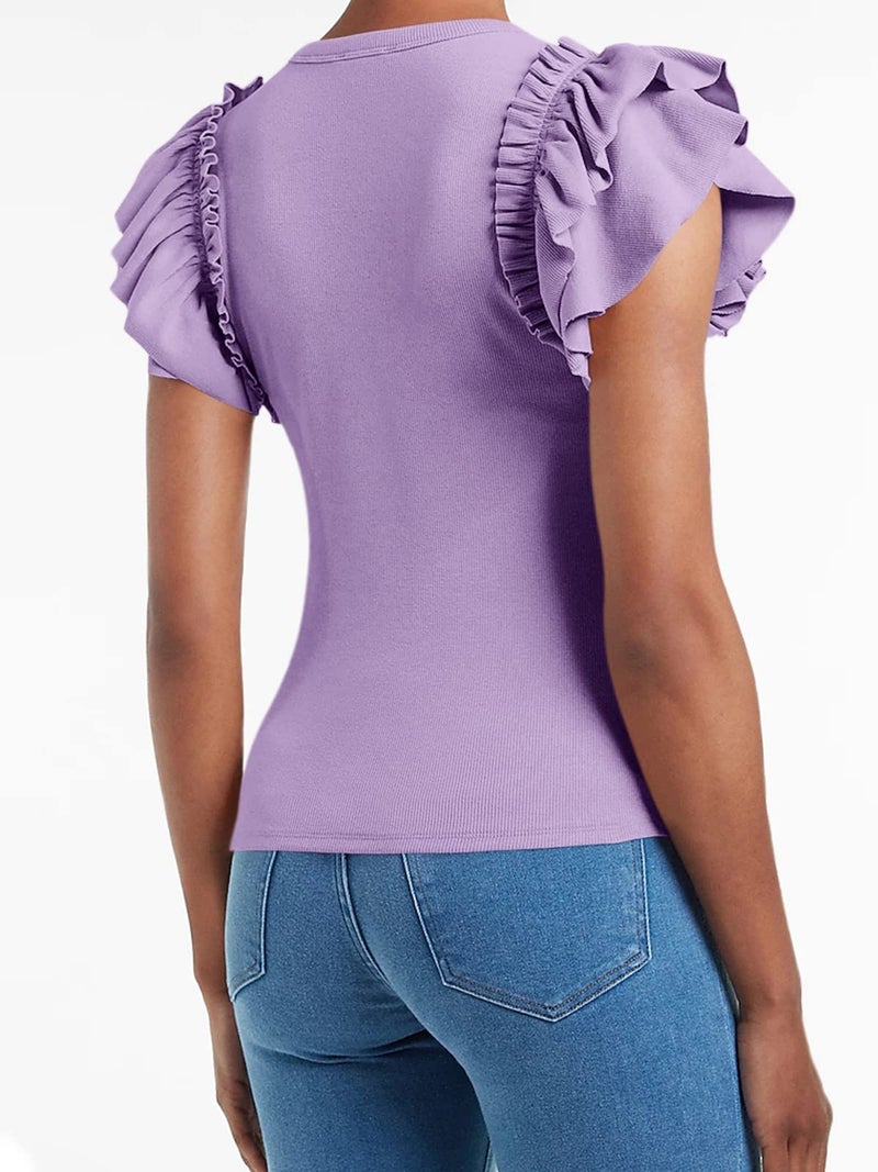Farktop Womens Ruffle Short Sleeve Shirts Slim Fit High Neck Knit Ribbed Tops (Purple, Large) - Image 3