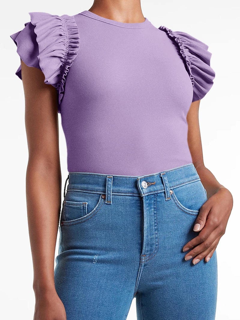 Farktop Womens Ruffle Short Sleeve Shirts Slim Fit High Neck Knit Ribbed Tops (Purple, Large) - Image 2