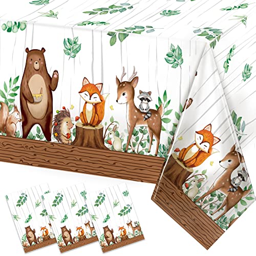 TREWAVE Woodland Animals Plastic Tablecloth Forest Wild Creatures Baby Shower Table Covers for Boy Girl Birthday Table Decoration Neutral Gender Reveal Decor Friendship Themed Party Supply 54" x 108" - Image 1