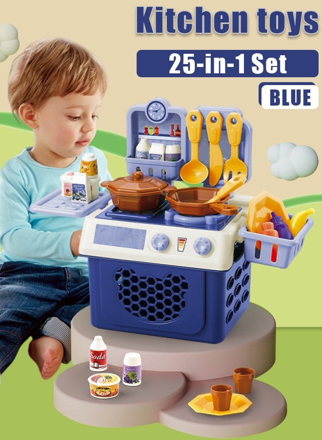 25PC Kitchen Pretend Play Toy Set Children Role Play Cookware Indoor DIY Kitchen Toy Games Kitchen Accessories Toys Sets for Boys Girls Kids (Blue) - Image 1