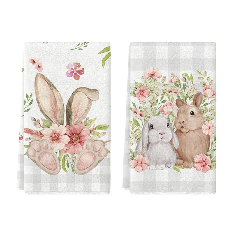 Artoid Mode Beige Buffalo Plaid Bunny Rabbit Flower Easter Kitchen Towels Dish Towels 18x26 Inch Seasonal Decoration Hand Towels Set of 2 - Image 2