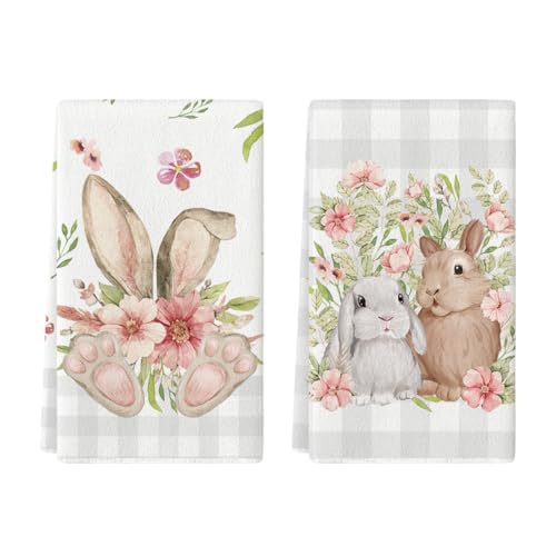 Artoid Mode Beige Buffalo Plaid Bunny Rabbit Flower Easter Kitchen Towels Dish Towels 18x26 Inch Seasonal Decoration Hand Towels Set of 2 - Image 1