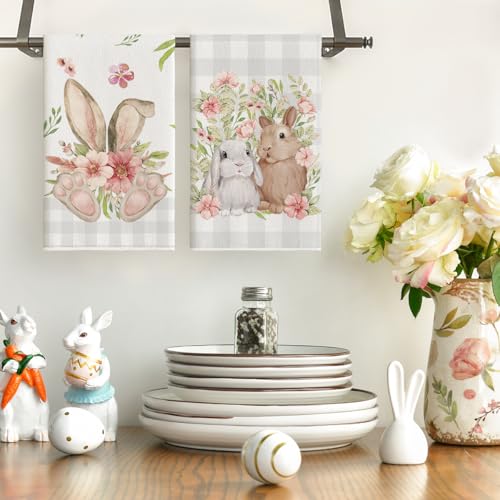 Artoid Mode Beige Buffalo Plaid Bunny Rabbit Flower Easter Kitchen Towels Dish Towels 18x26 Inch Seasonal Decoration Hand Towels Set of 2 - Image 3